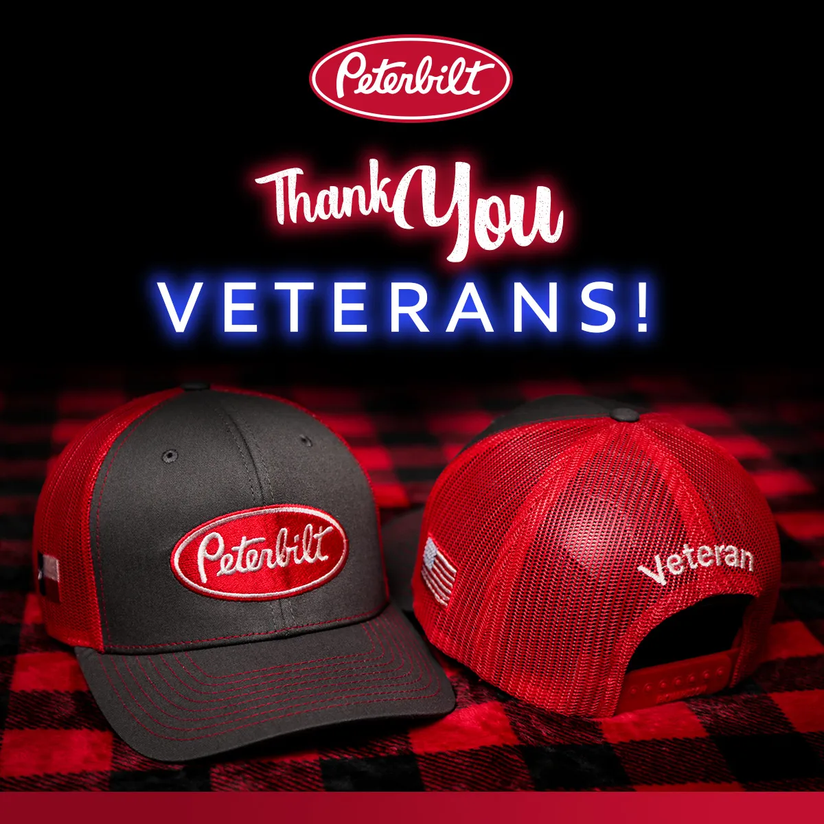 Thank You Veterans Headline over front and back of Peterbilt Veteran's hats.