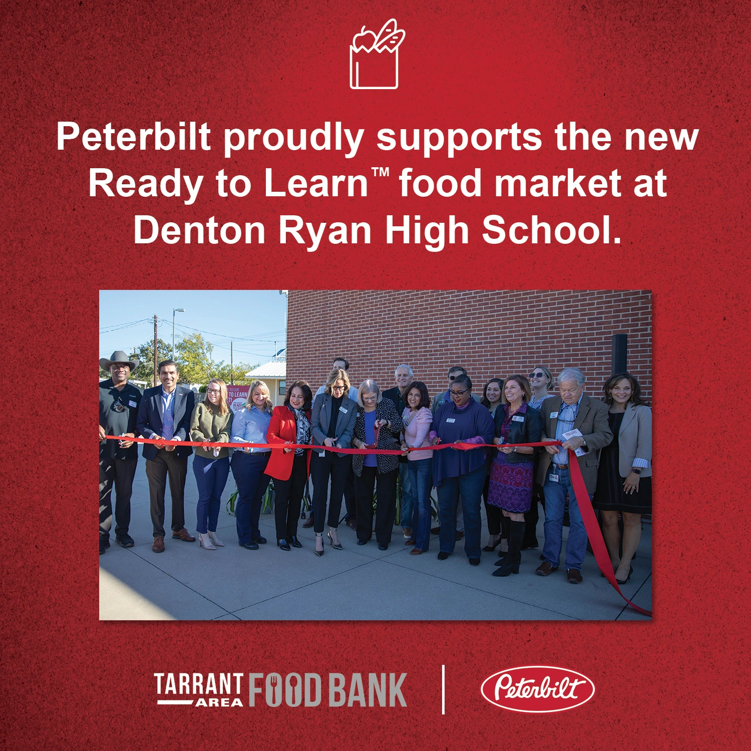 Peterbilt and Tarrant Area Food Bank employees cutting ribbon on new Ready to Learn food market at Denton Ryan High School