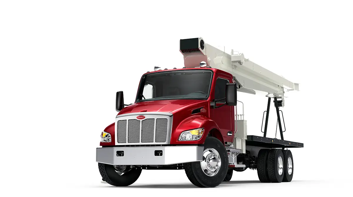Peterbilt Model 548 Medium Duty Red Truck with White Crane Body Isolated - Feature Image
