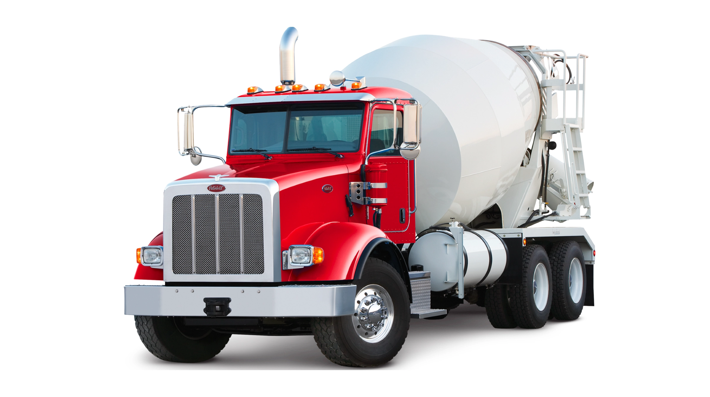 Peterbilt Model 365 Vocational Red Truck with White Concrete Mixer Body Isolated - Feature Image